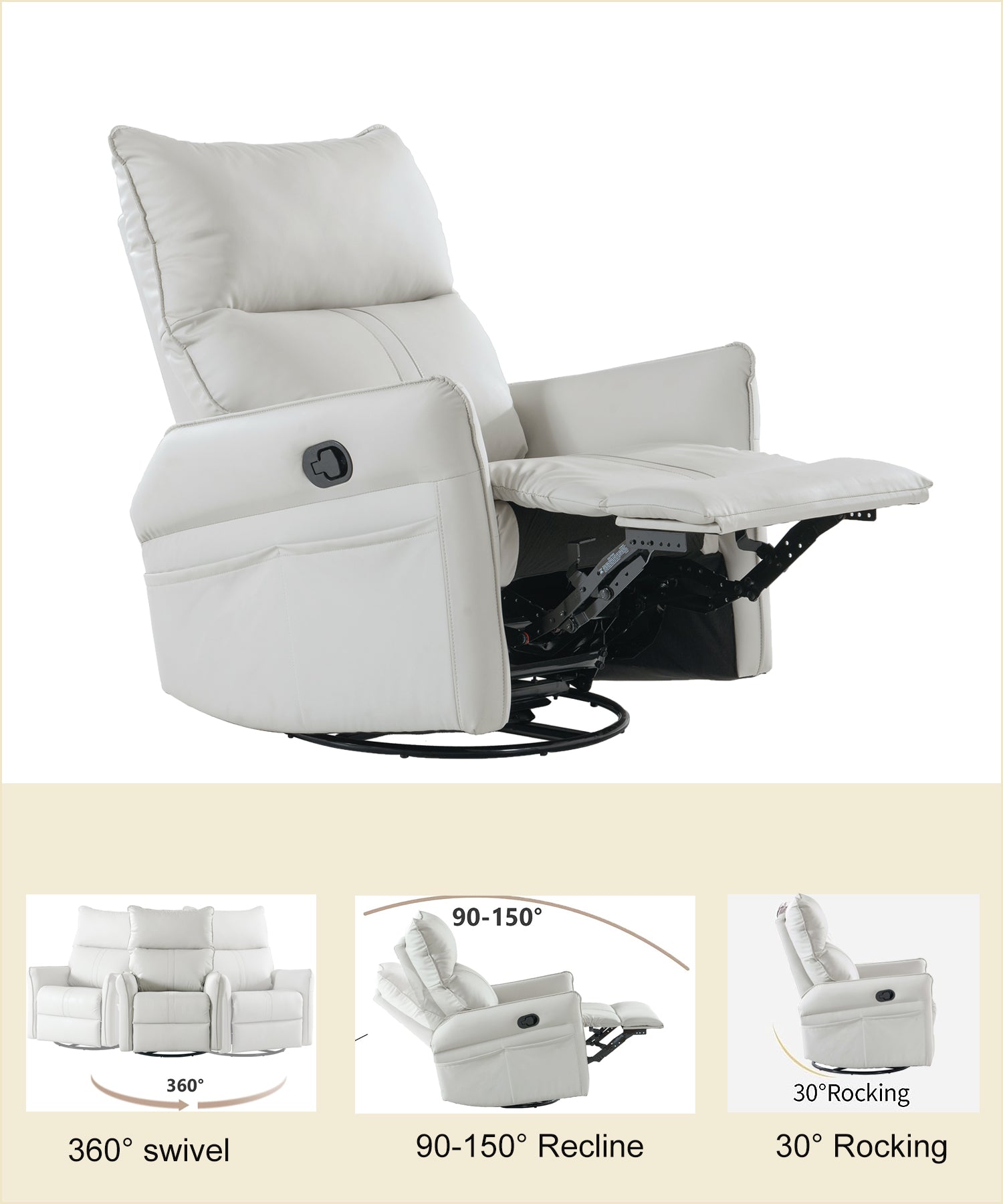 White leather swivel recliner with extended footrest and side pockets