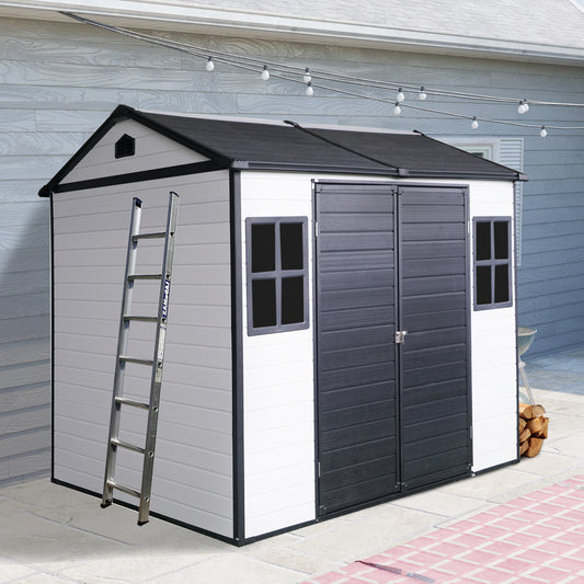 White and charcoal plastic storage shed with double doors and ladder