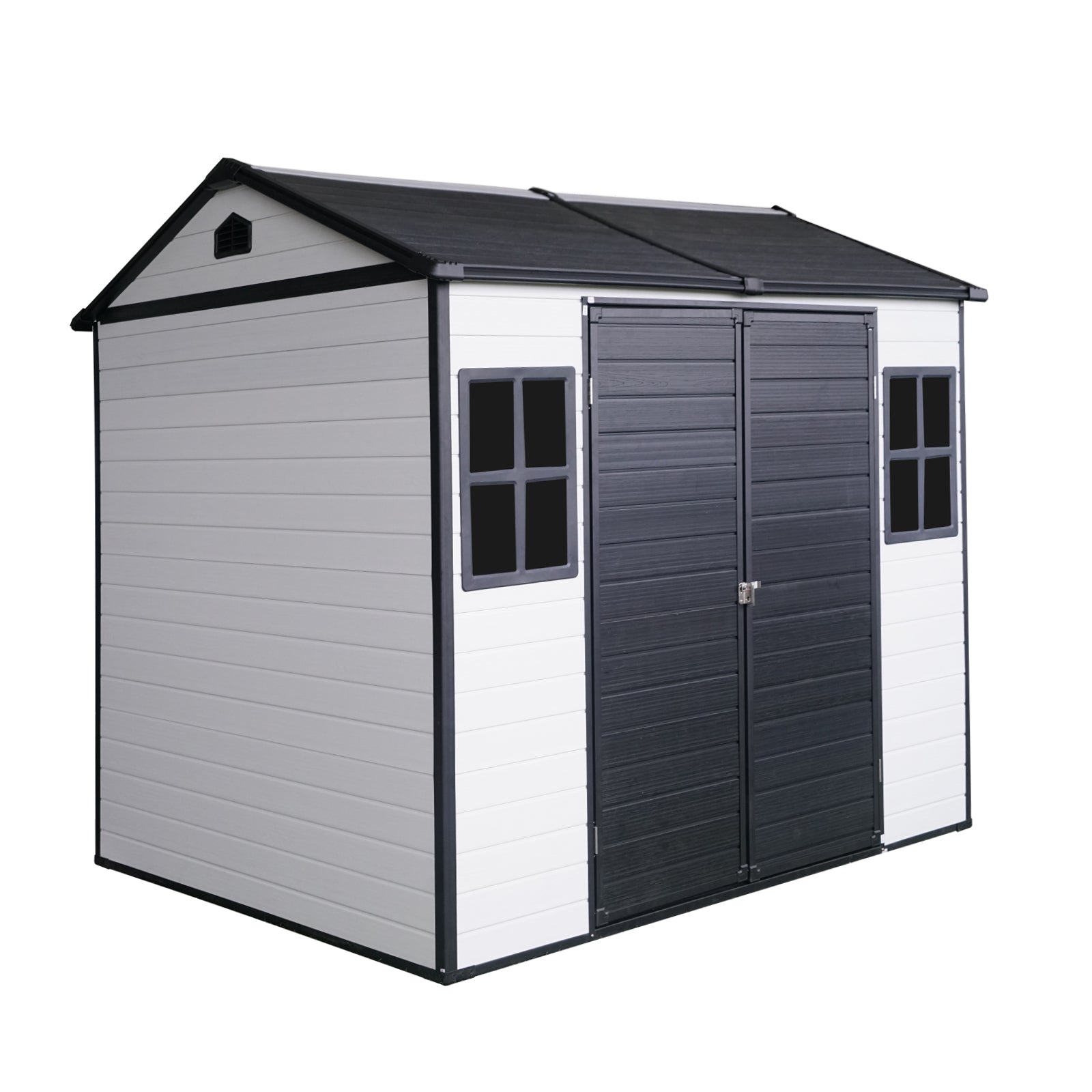 White and grey resin storage shed with black trim and double doors