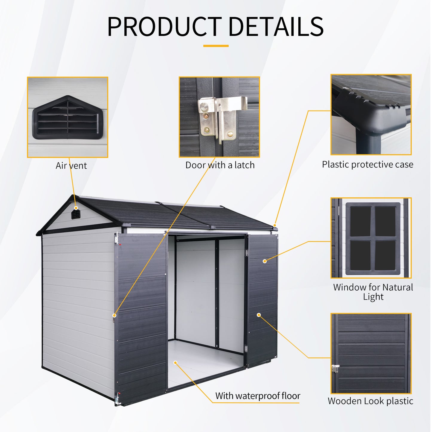 Gray and dark gray resin shed with double doors and a latch featuring a sloped roof