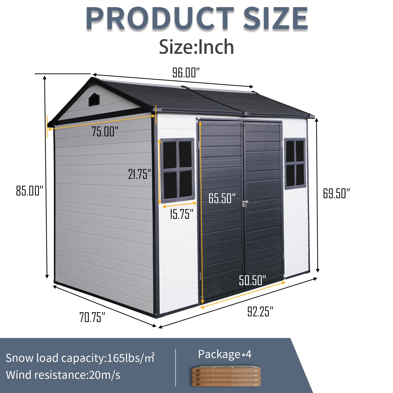 White and gray storage shed with double doors and two windows