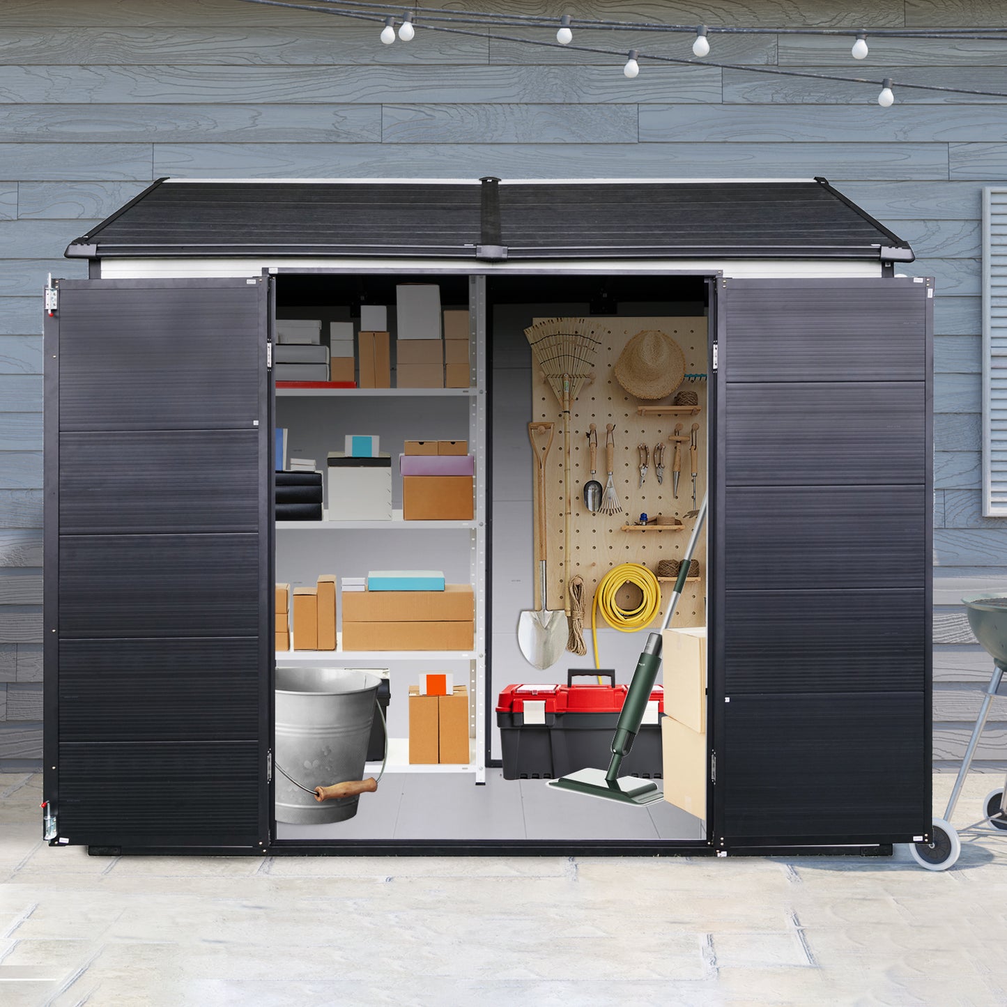 Organized storage shed interior with shelving and tool pegboard
