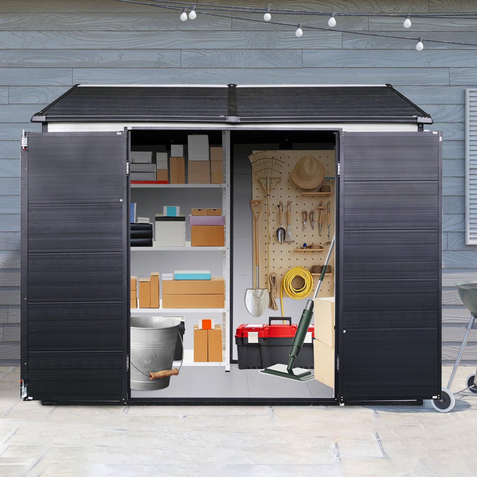 Organized storage shed interior with shelving and tool pegboard
