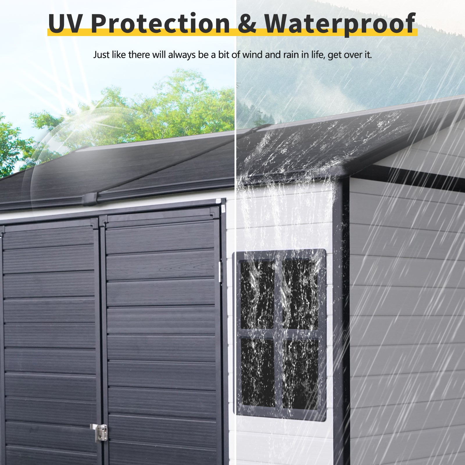 Black resin shed exterior shows UV protection under sun and waterproof durability in rain