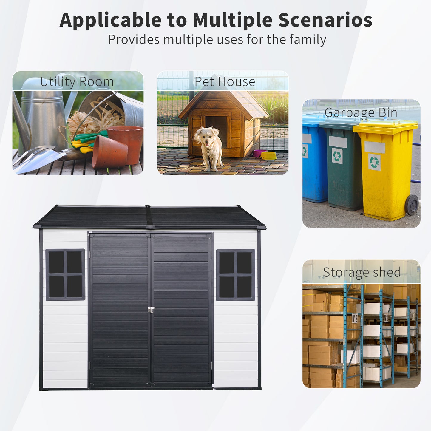White and gray storage shed with double doors and two windows