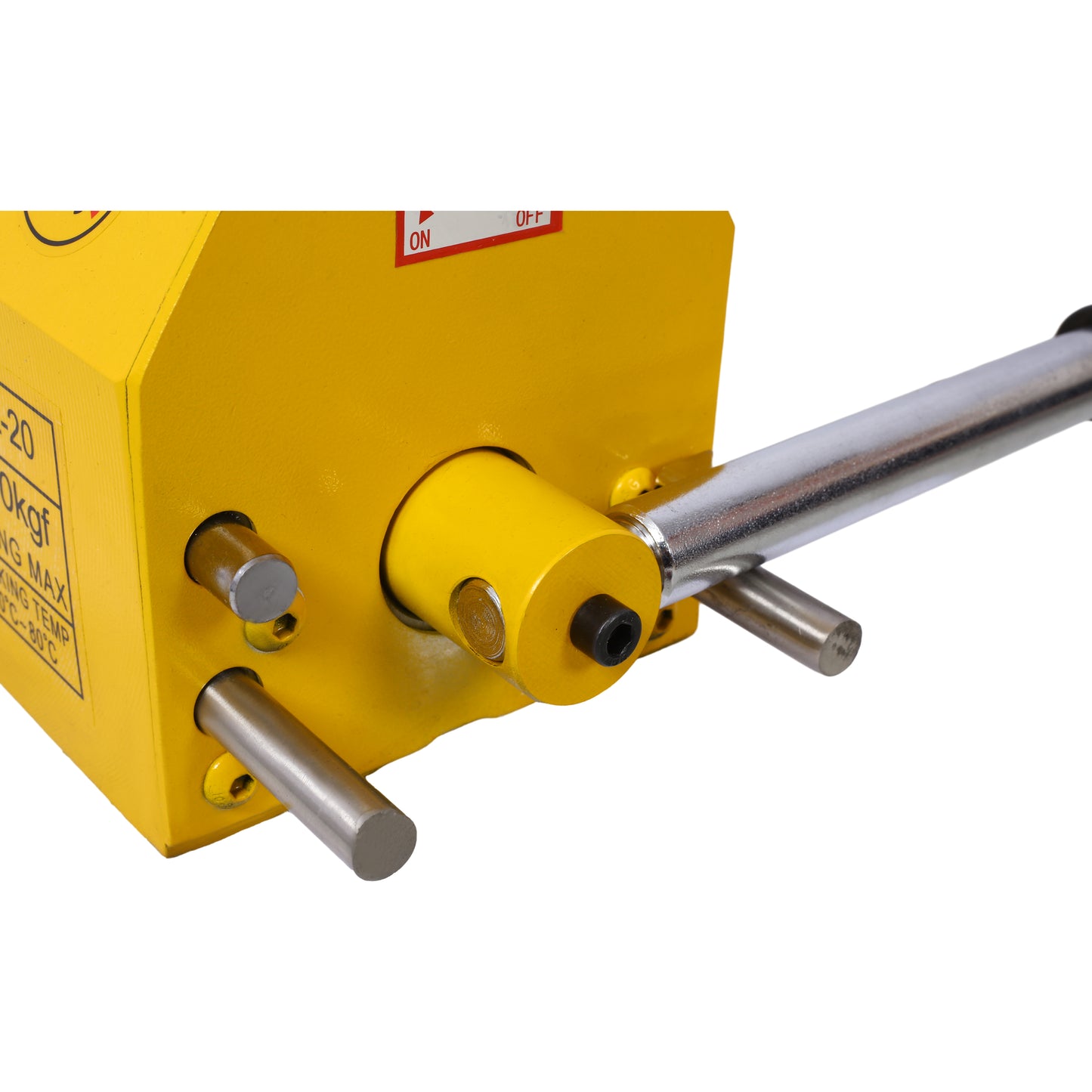 Yellow lifting electromagnet with polished steel handle