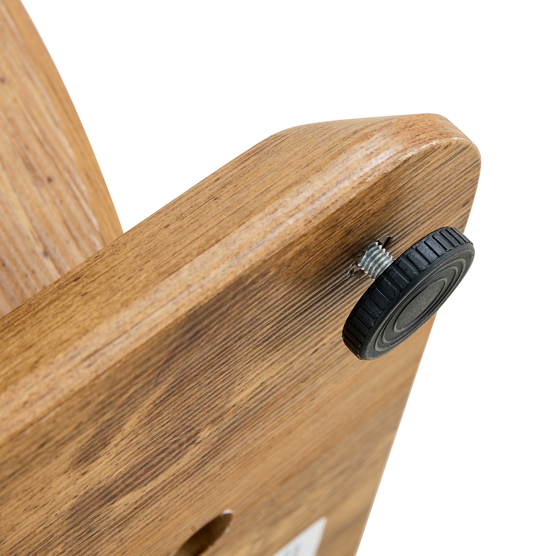 Wooden armchair armrest detail with adjustable black foot