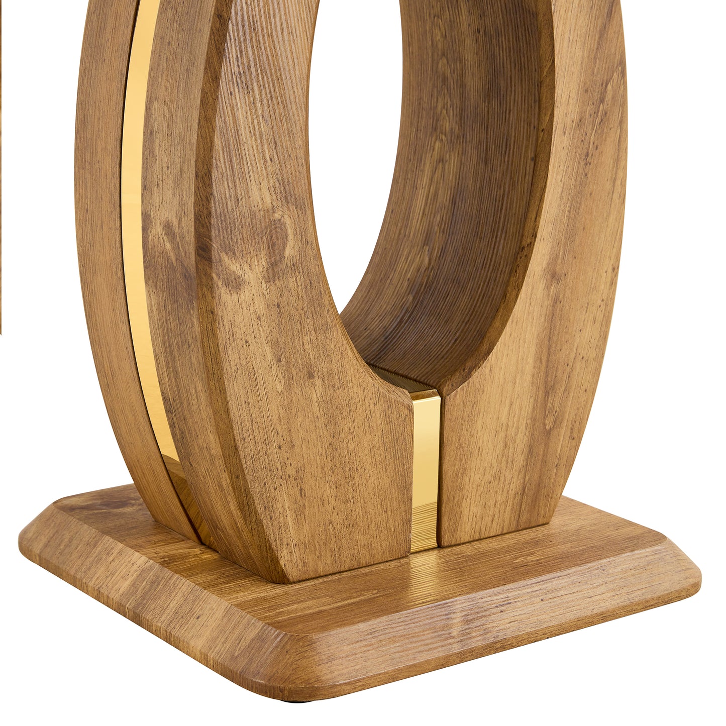 Natural wood table base with gold accents