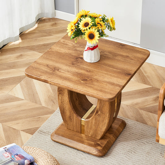 Square wood coffee table with curved base and gold accent