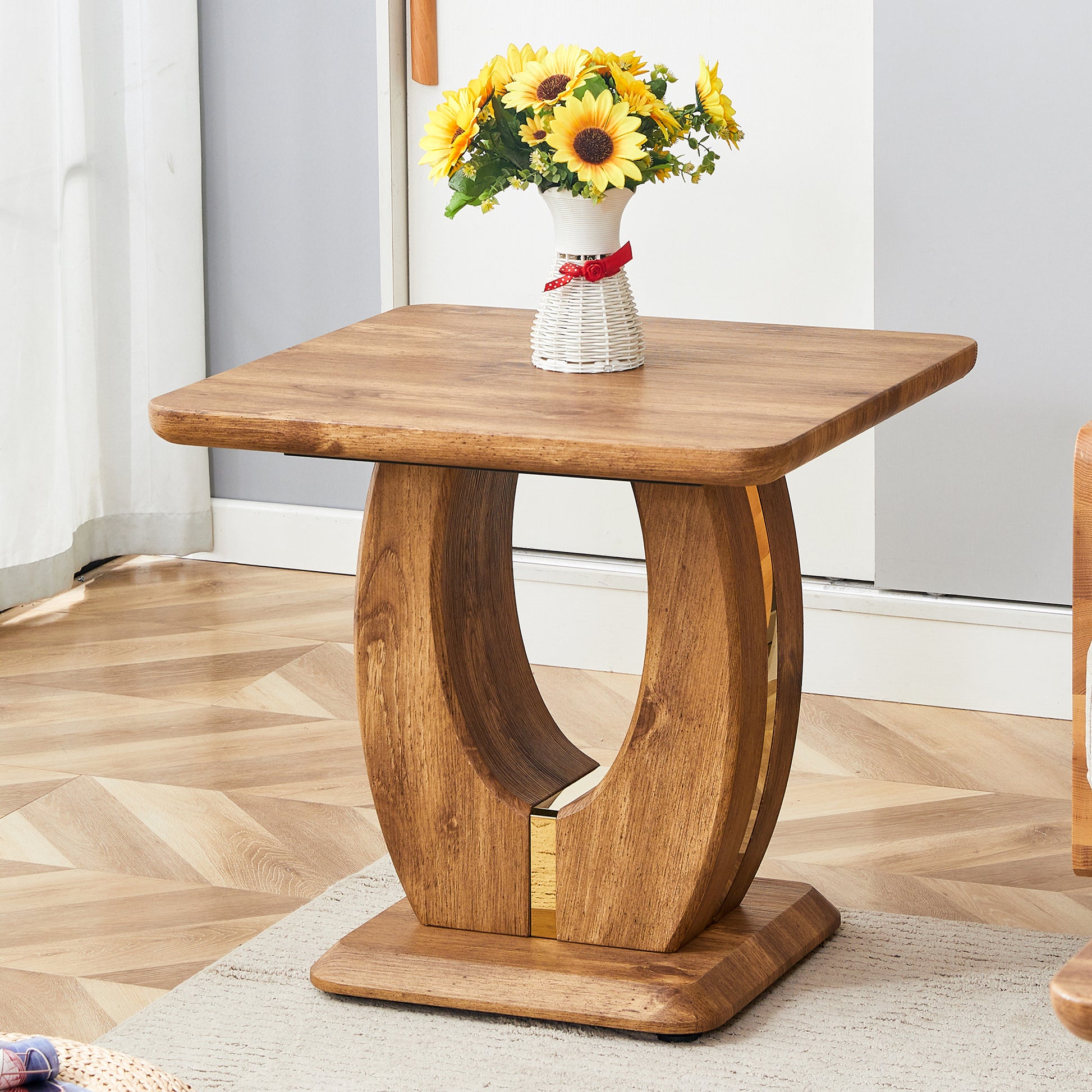 Modern wooden side table with unique pedestal base