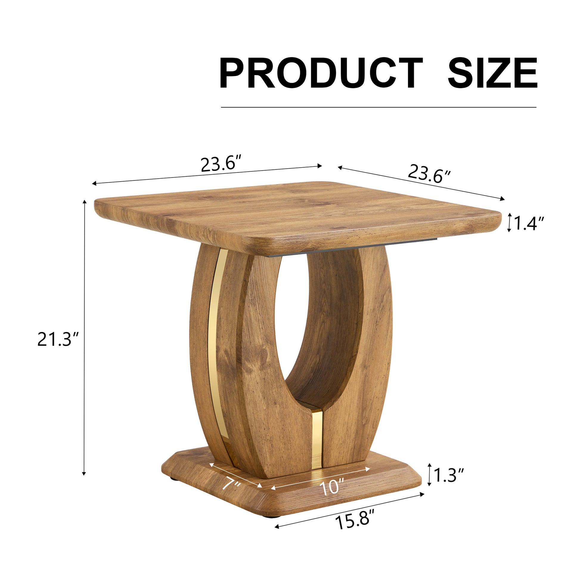 Wooden side table with Ushaped base and gold accents