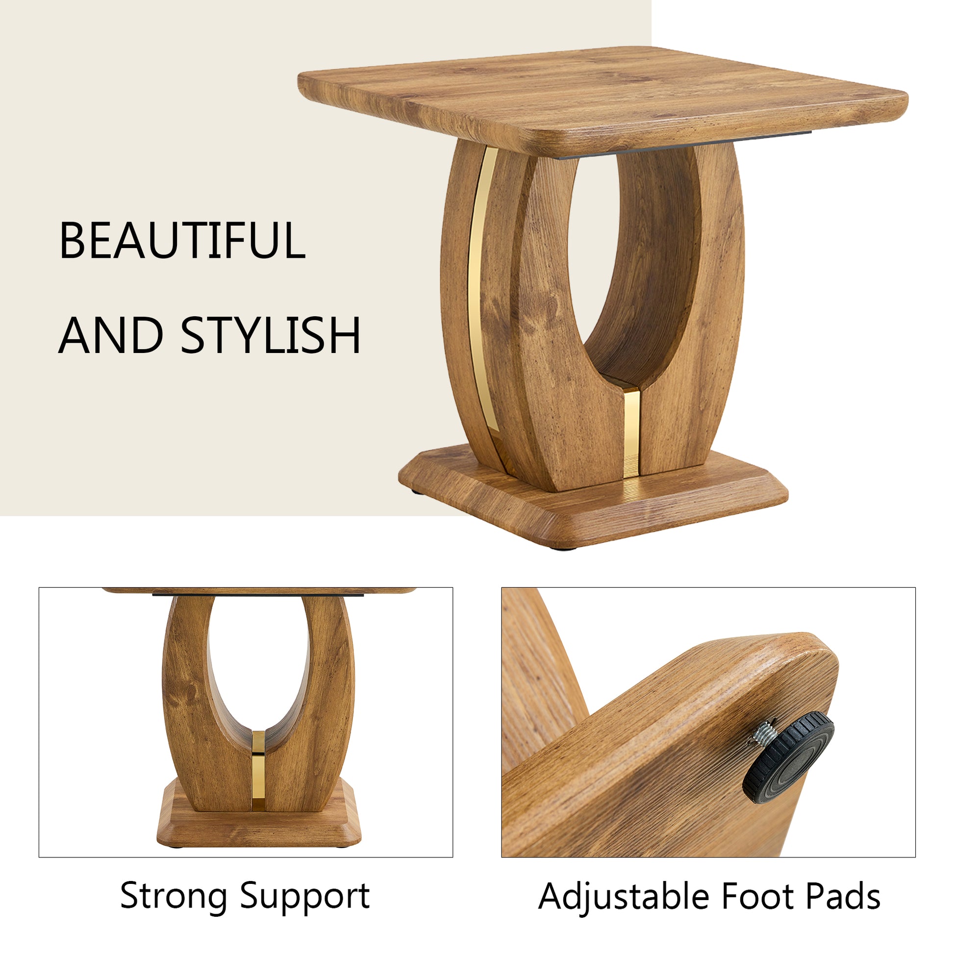Wooden side table with unique curved base and gold accents