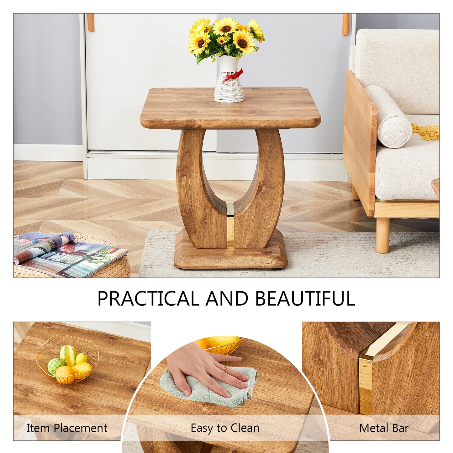 Square wooden end table with a curved pedestal base and a golden inlay