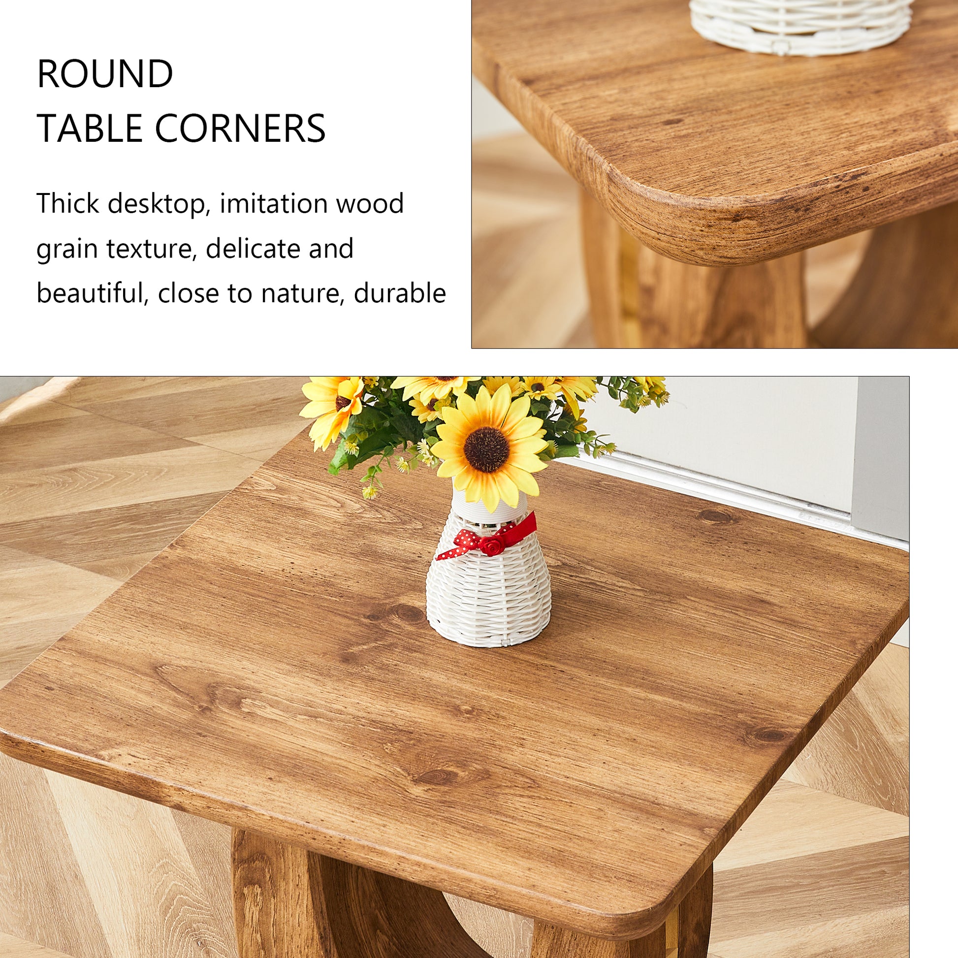 Round corner side table with wood grain texture