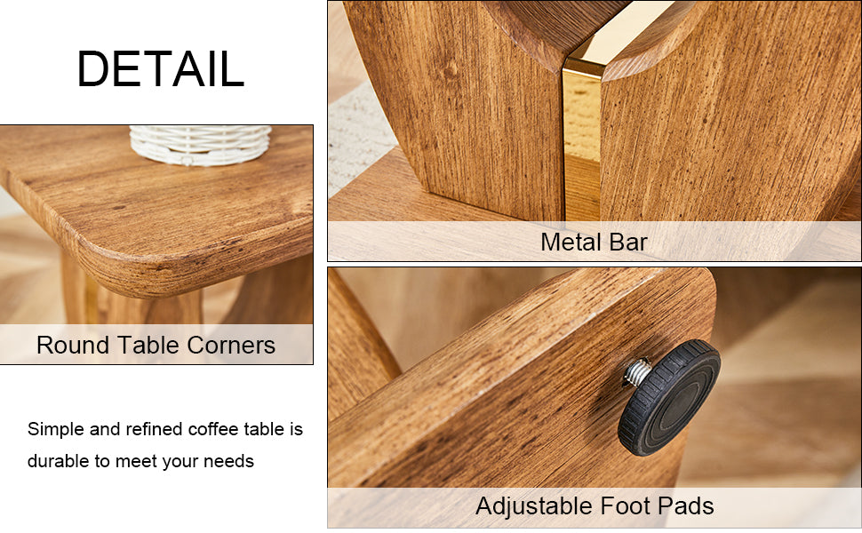 Detailed view of round table corners on a wooden coffee table