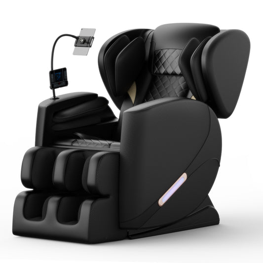 Black leather zero gravity massage chair with adjustable headrest and footrest