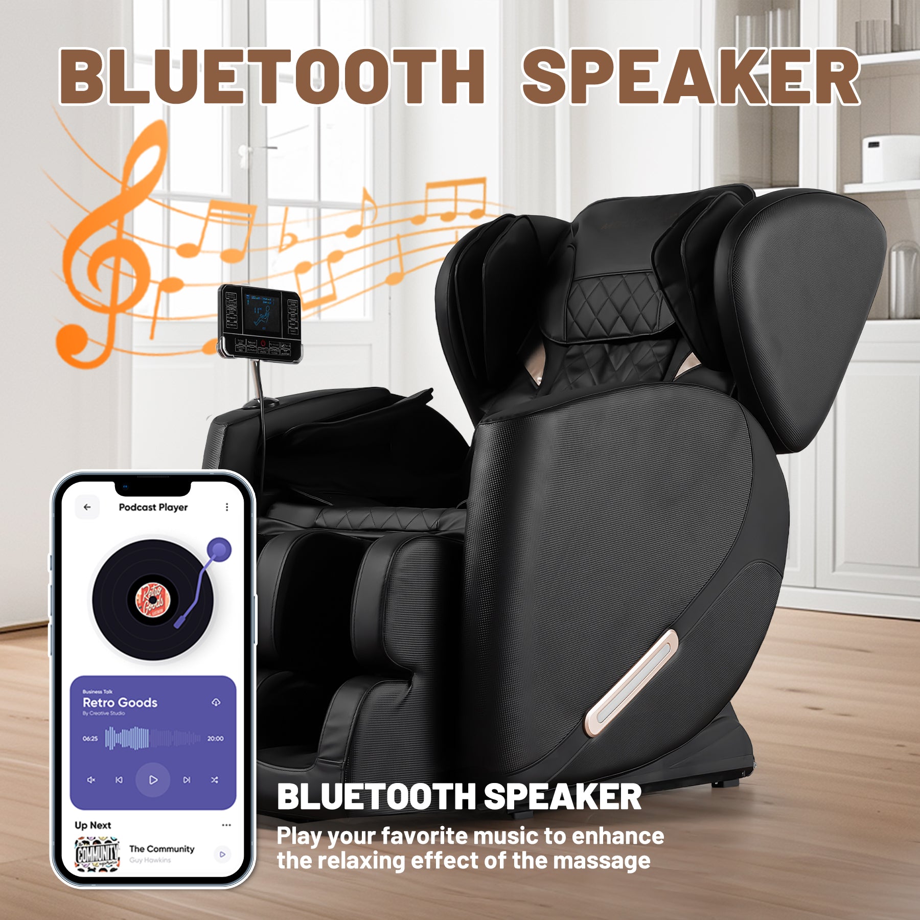 Black premium massage chair with integrated Bluetooth speaker system