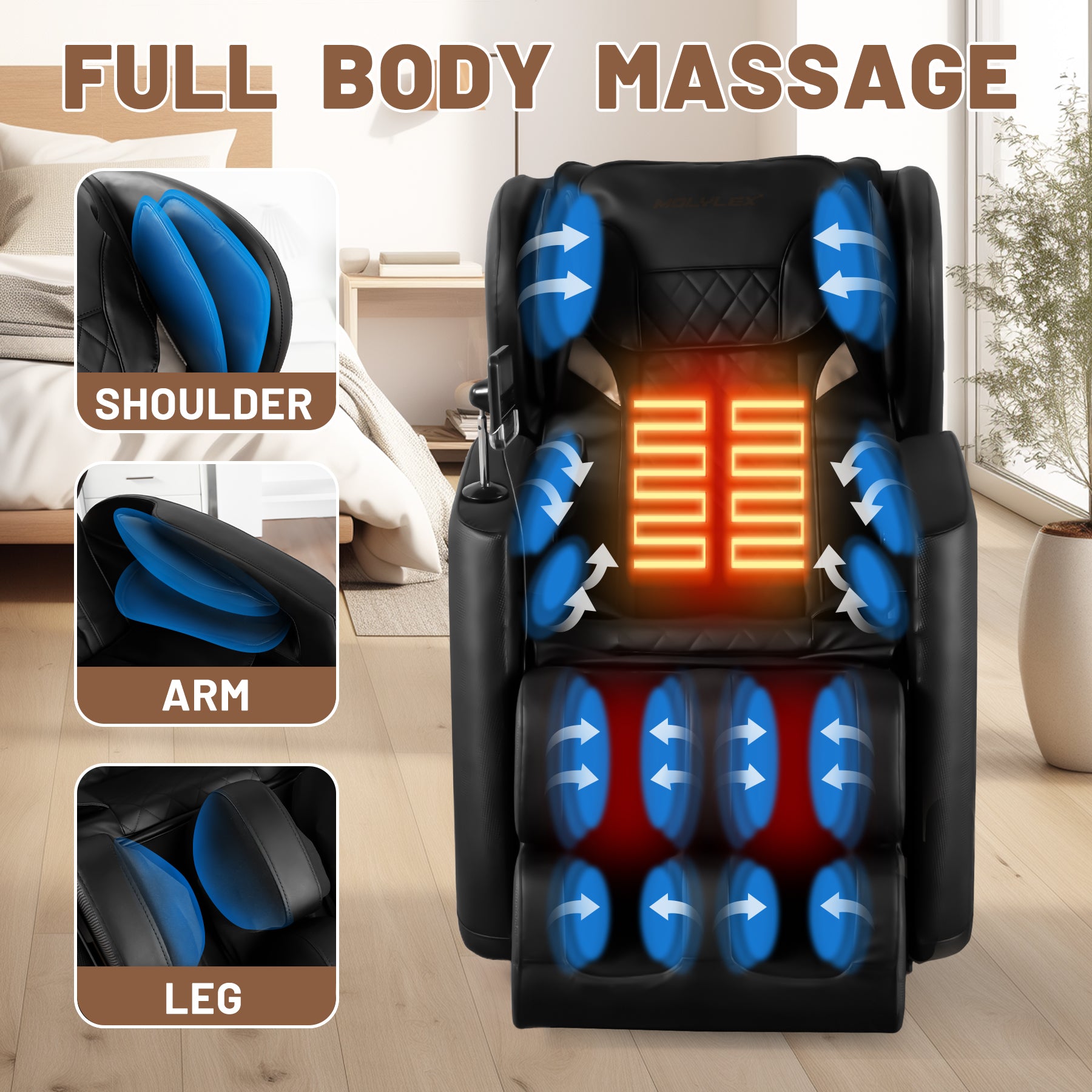 Black leather zero gravity massage chair with heat and air compression
