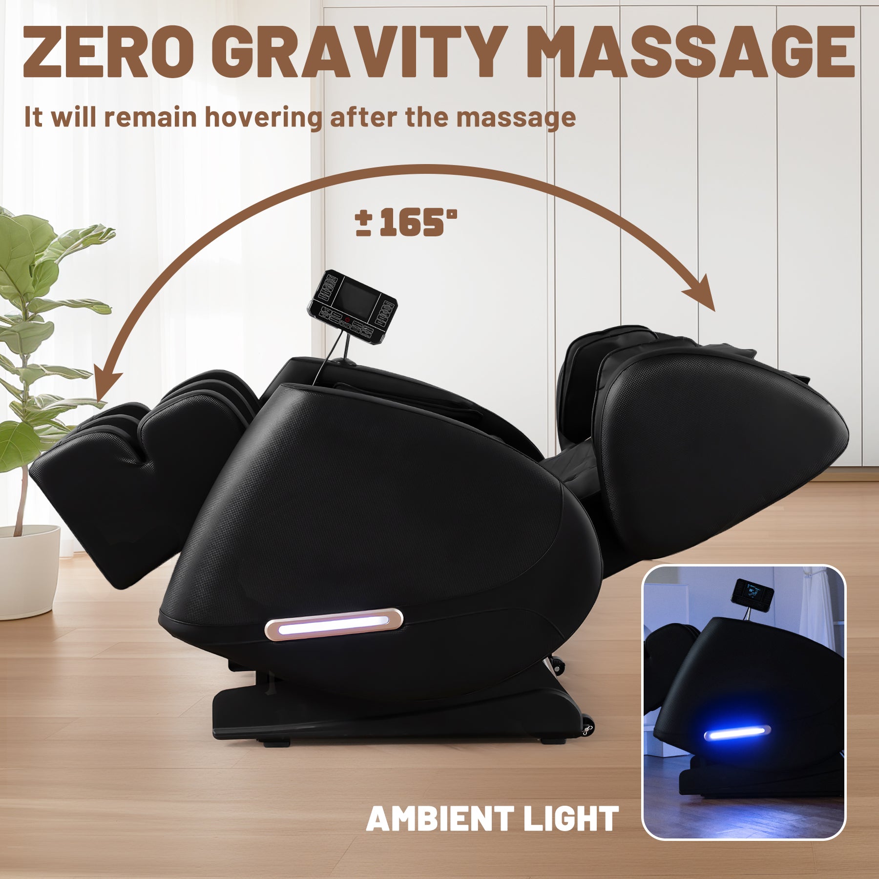 Black zero gravity massage chair reclined with ambient lighting