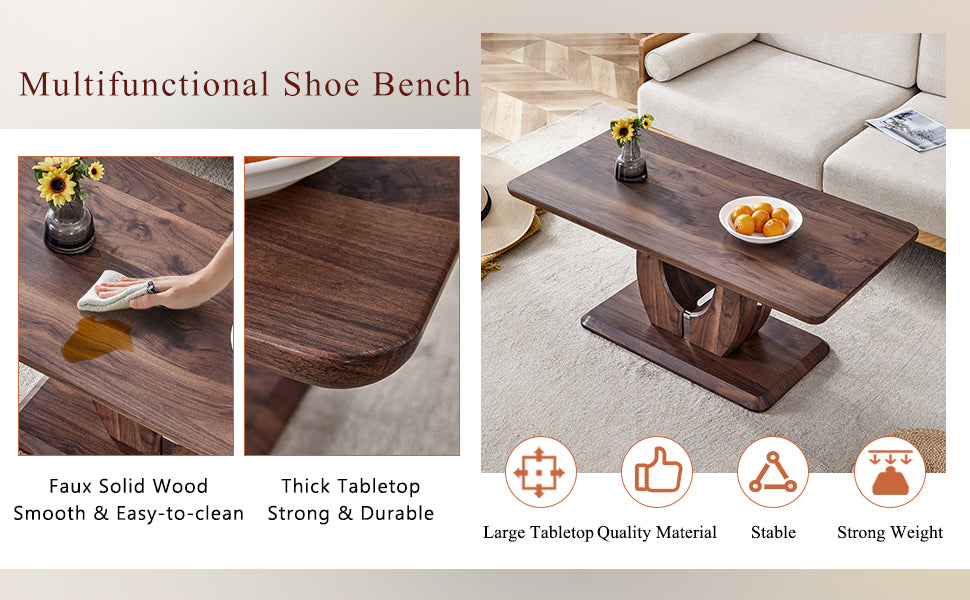 Dark wood multifunctional shoe bench with rounded edges