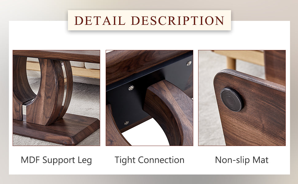 Detailed view of a modern walnut wood coffee table with a curved MDF support leg