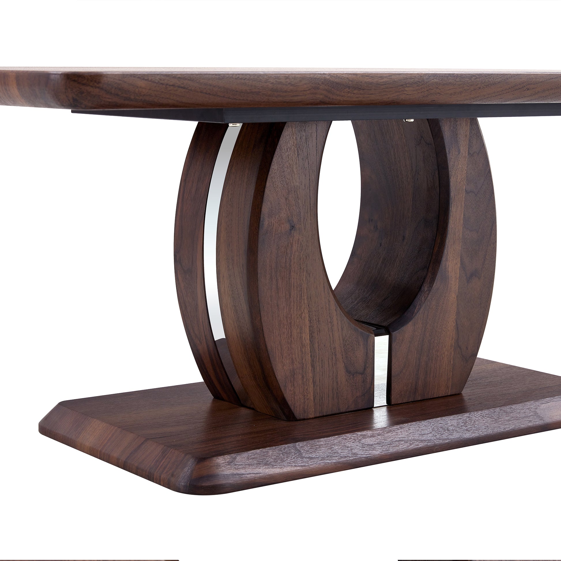 Dark walnut wood coffee table with a unique curved pedestal base and polished chrome accents