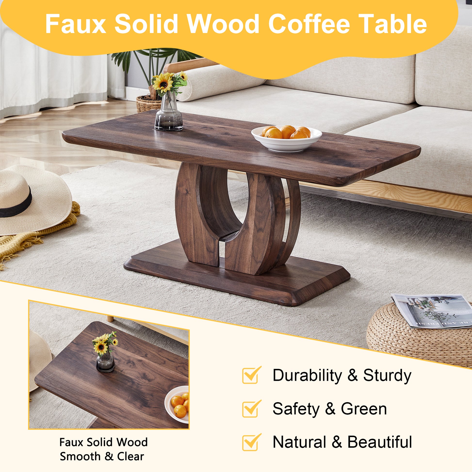 Dark brown faux solid wood coffee table with curved base