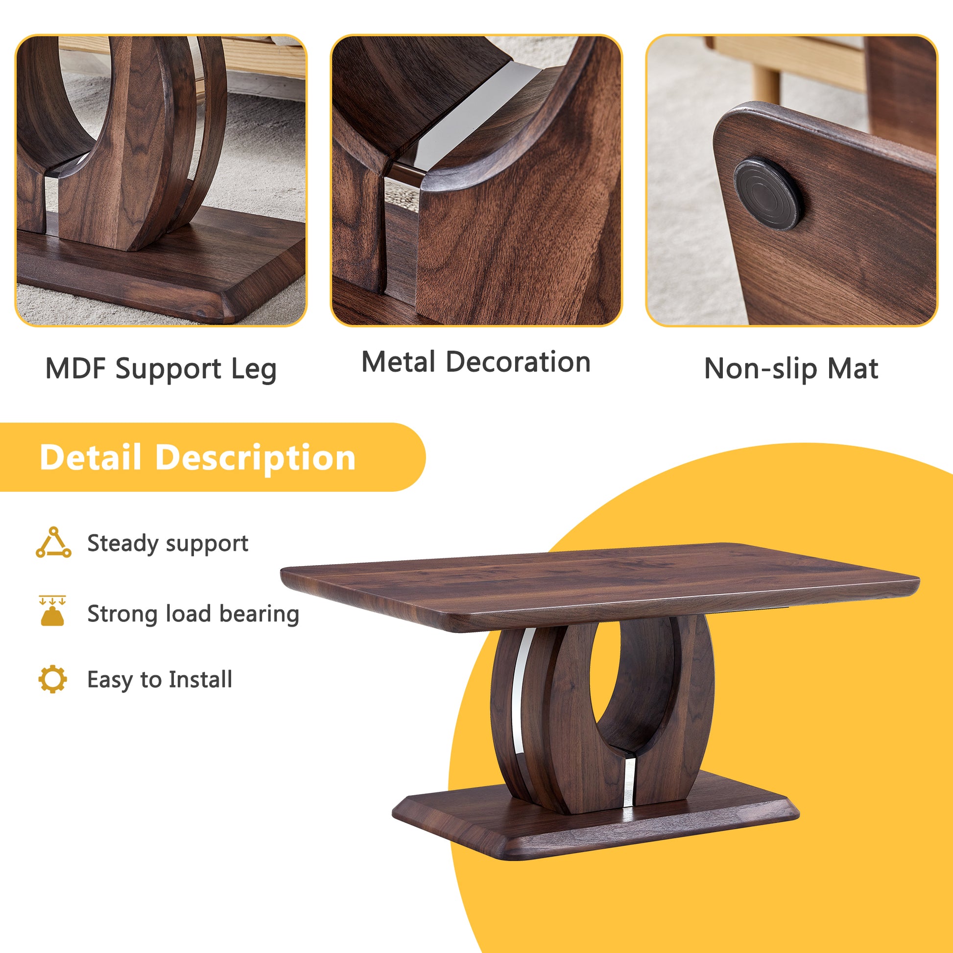 Dark wood coffee table with unique curved support