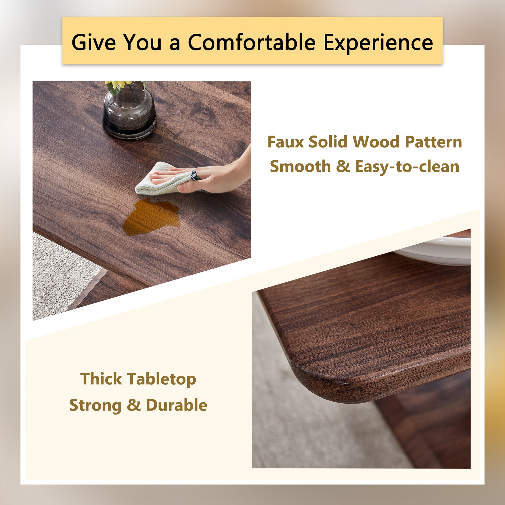 Dark walnut faux wood table surface being wiped clean with a cloth