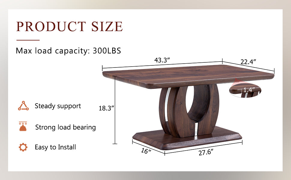 Dark walnut coffee table with curved pedestal base