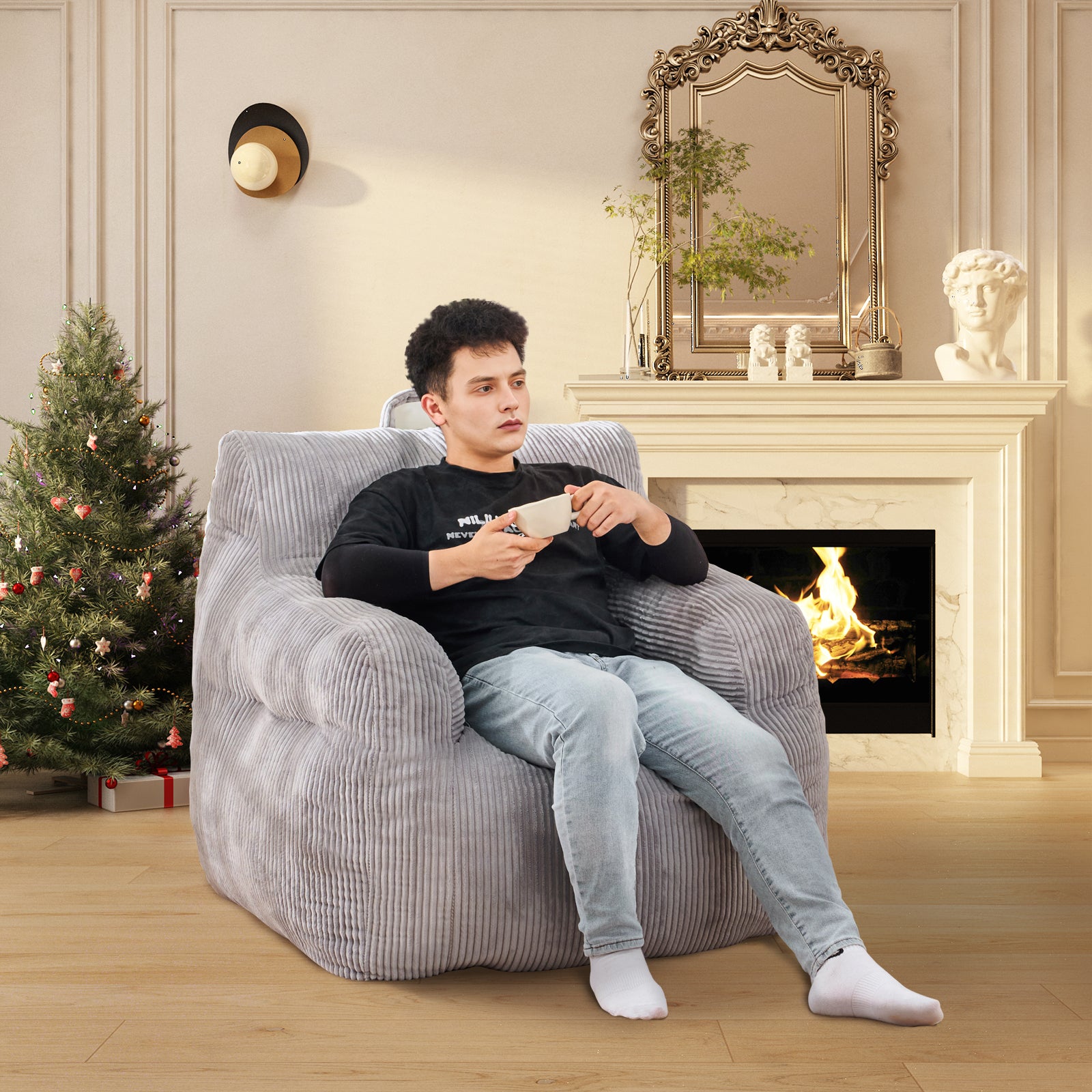 Gray corduroy bean bag chair with plush comfort for relaxation