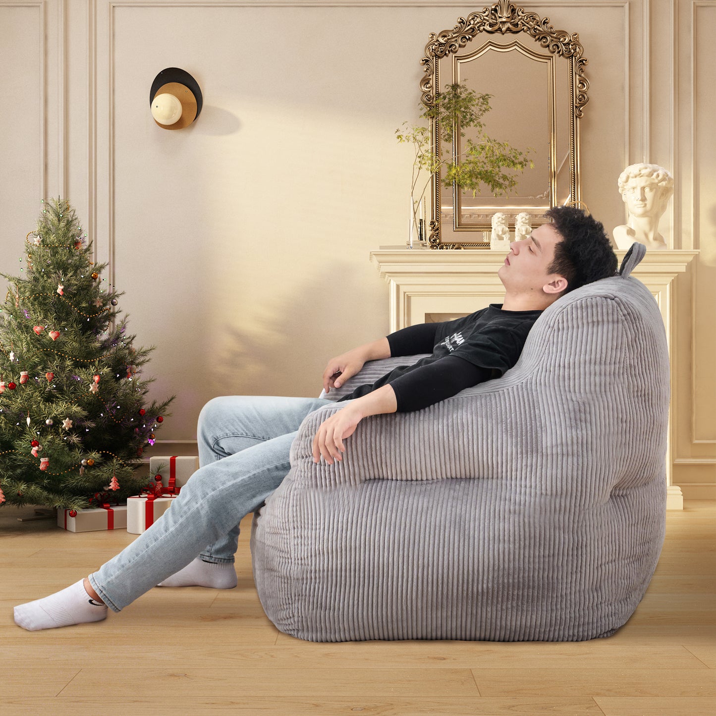 Gray corduroy bean bag chair with plush texture for ultimate comfort