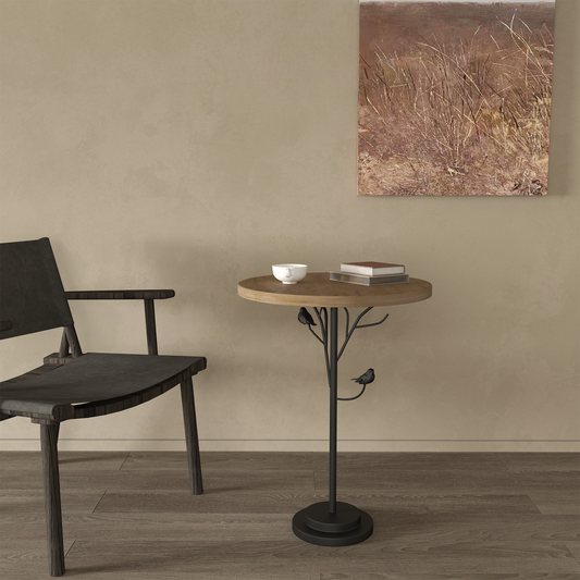 Round wood side table with birdshaped accents