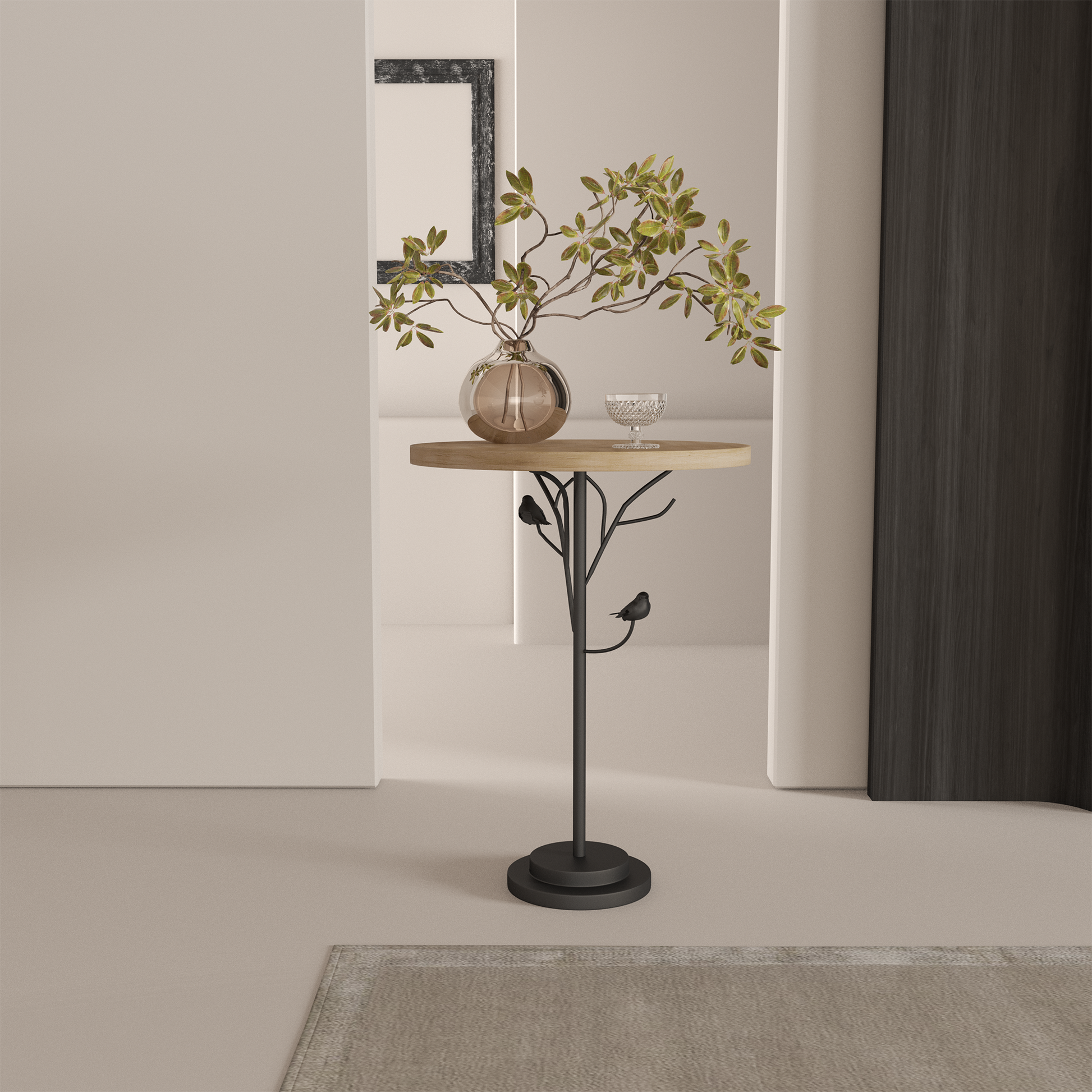 Round wood accent table with bird branch design