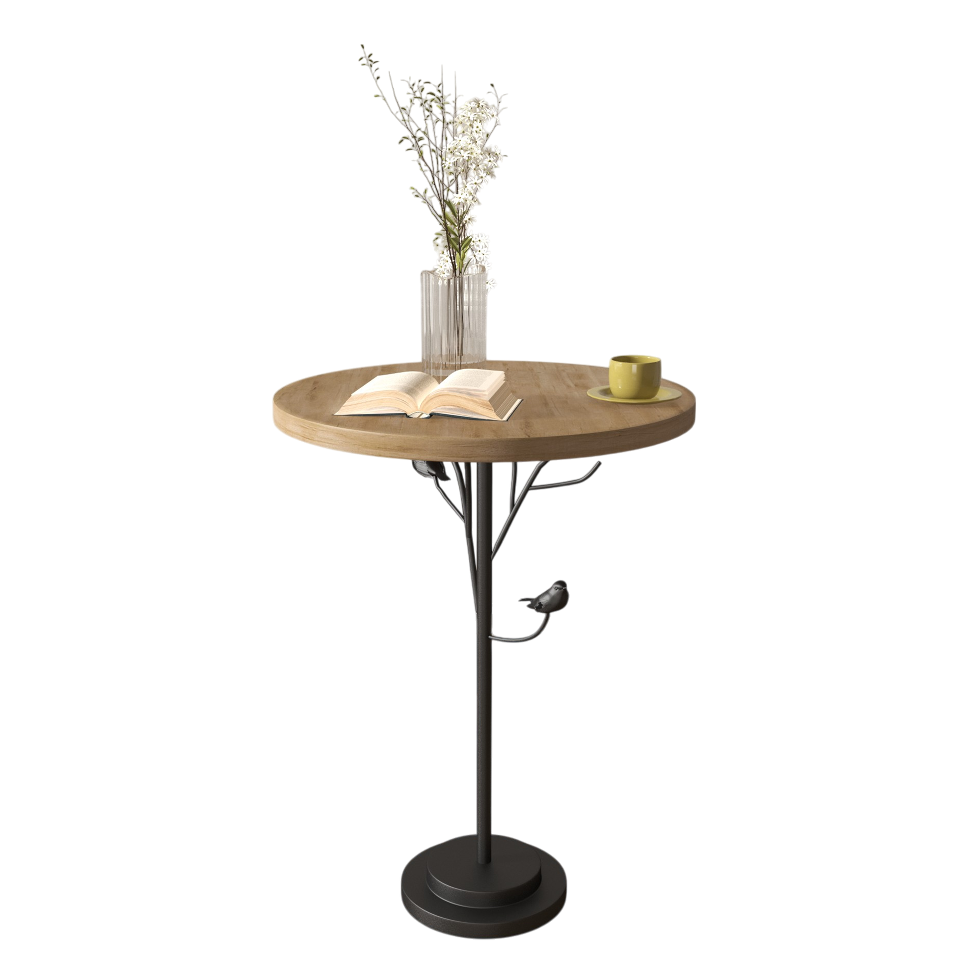 Round wood side table with tree branch base and bird accents