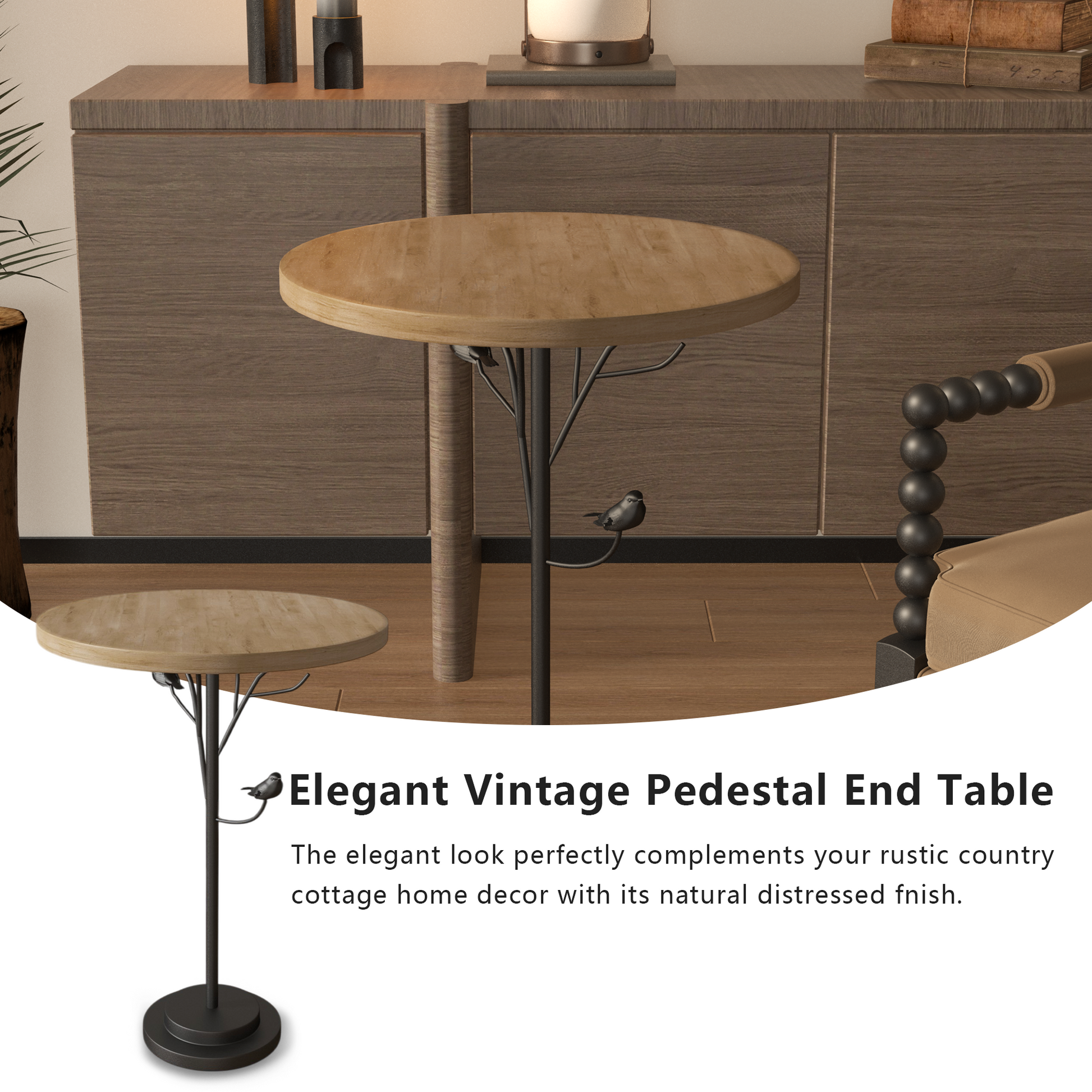 Round wooden pedestal end table with decorative bird accent