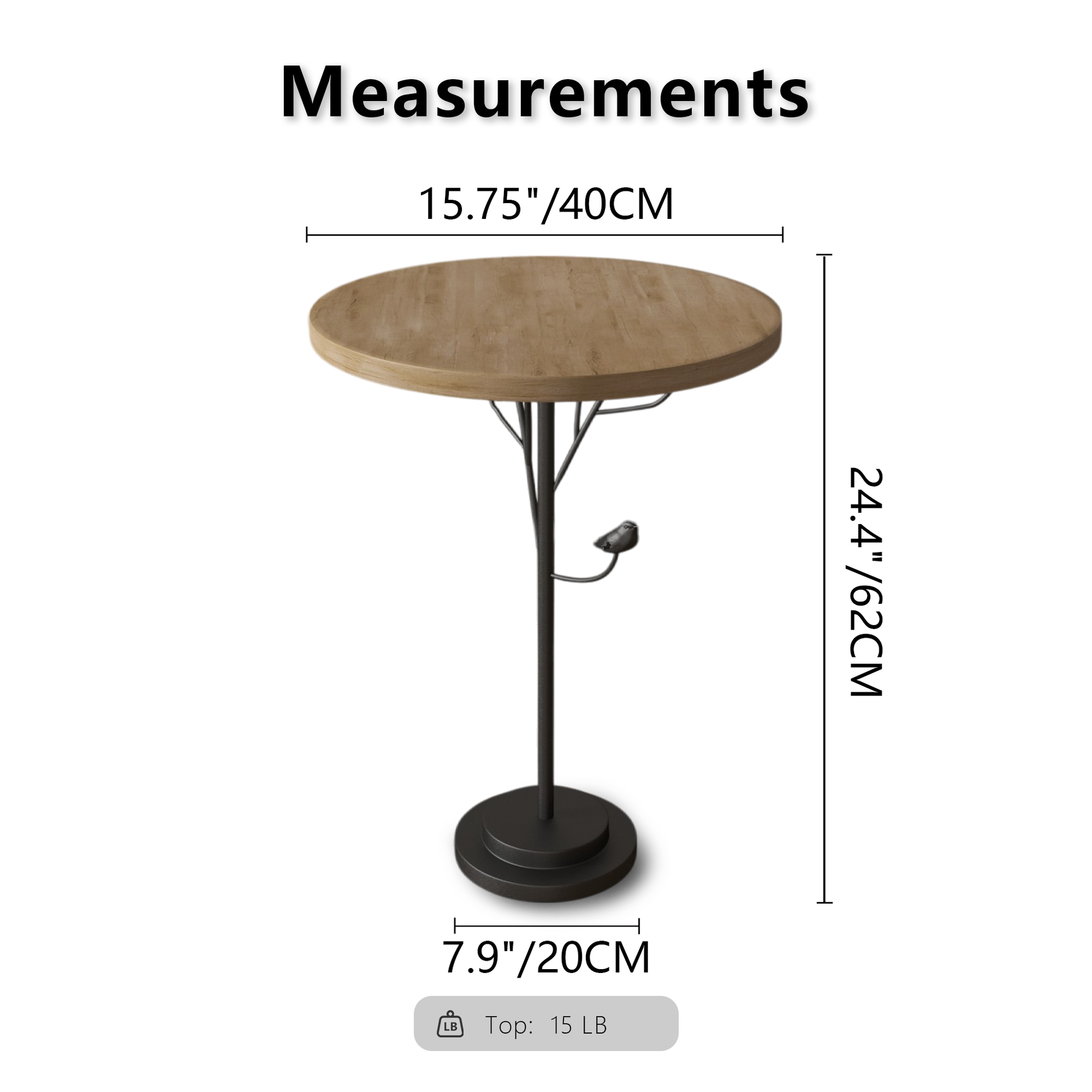 Round wood top accent table with black bird detail on stem