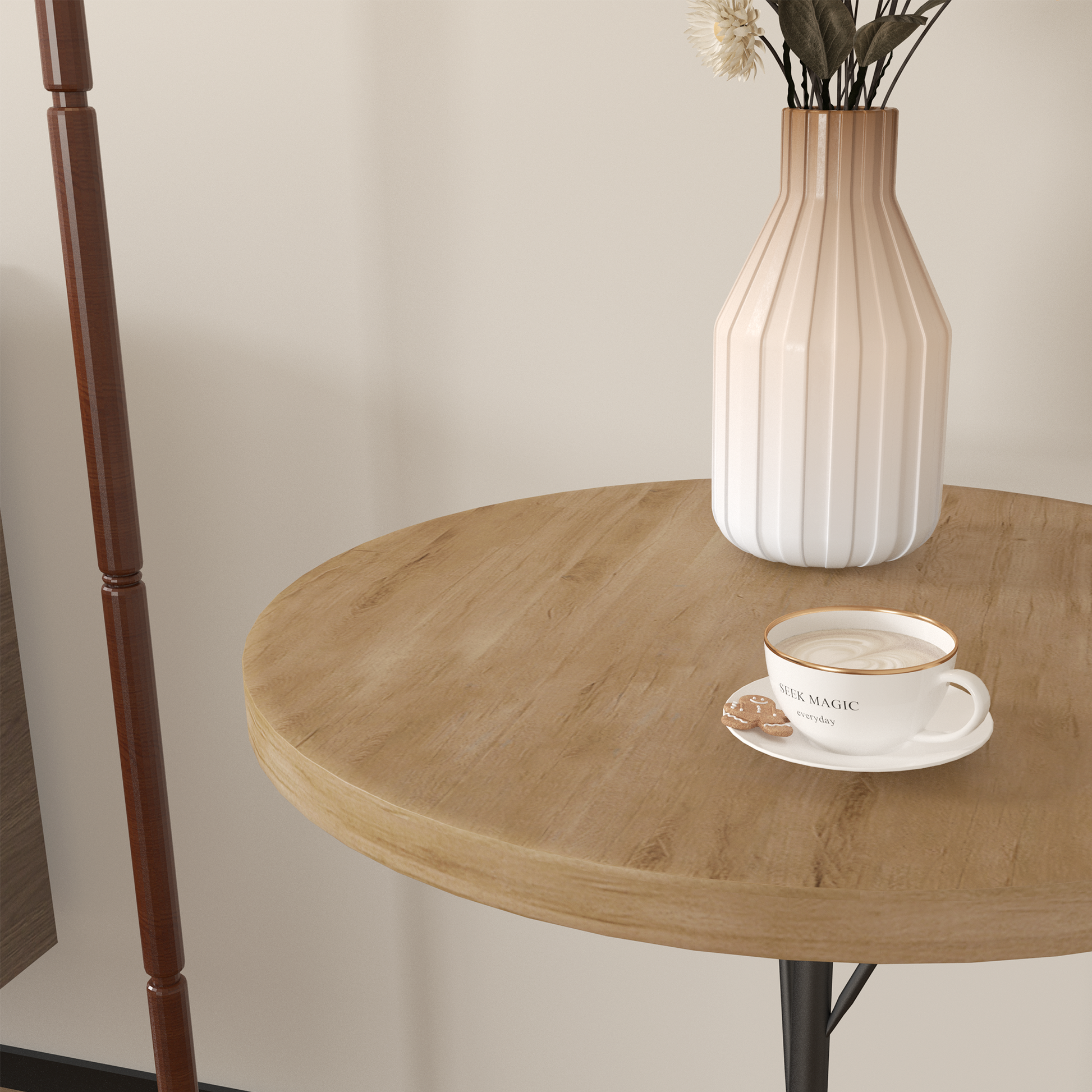 Round oak wood coffee table with a white ceramic mug and saucer