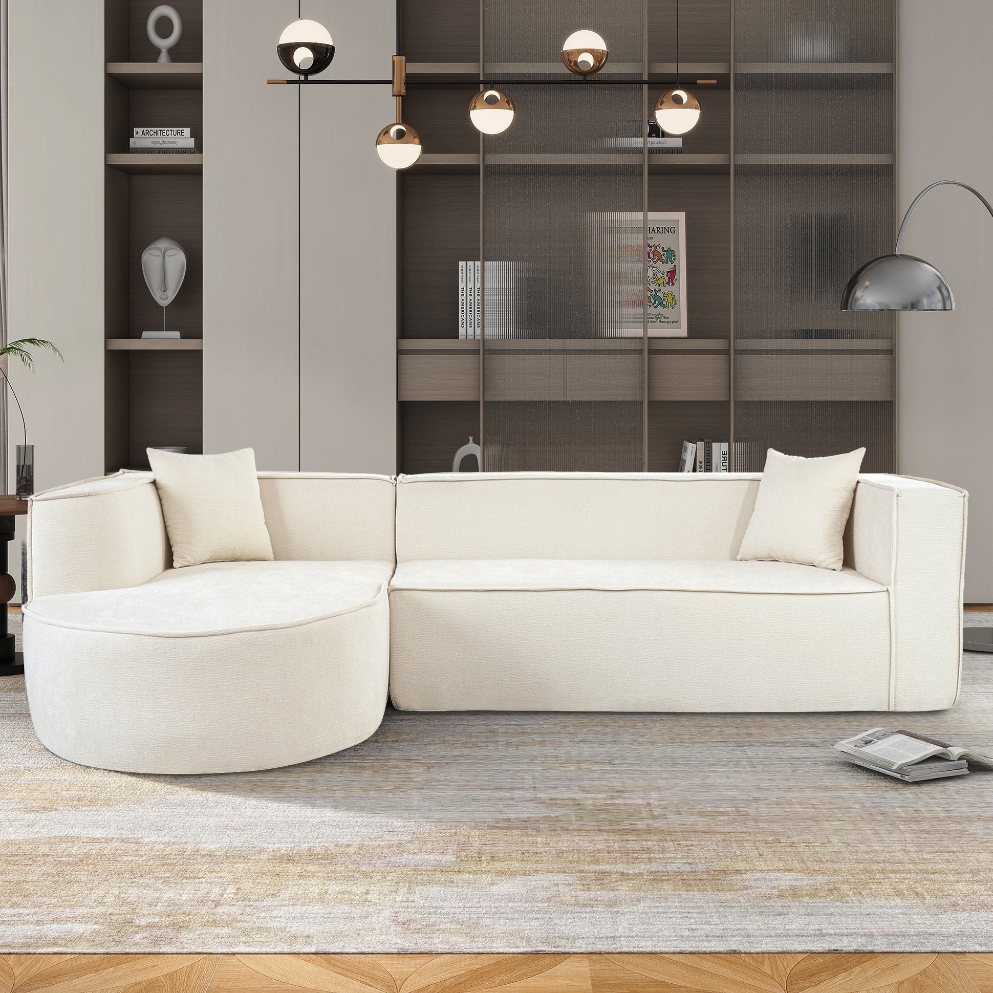 Cream sectional sofa with rounded chaise and textured fabric