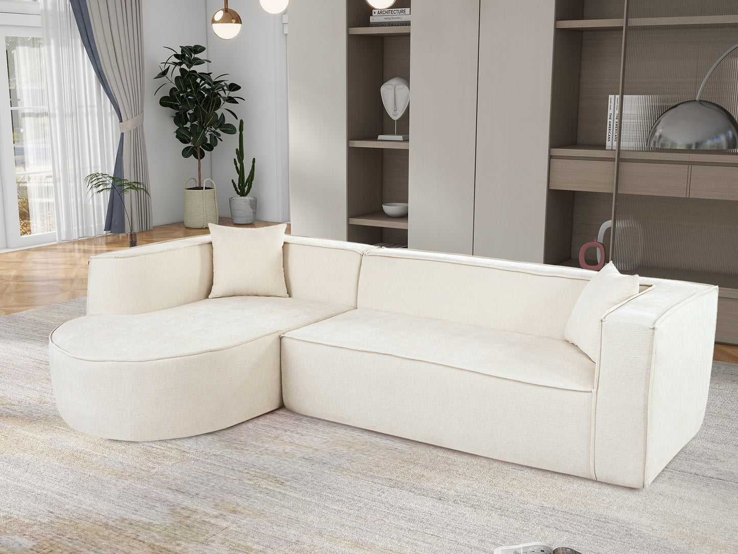 Cream boucle fabric sectional sofa with rounded chaise and accent pillows