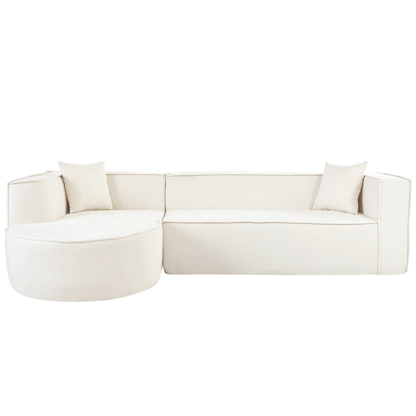 Cream boucle sectional sofa with curved chaise and accent pillows
