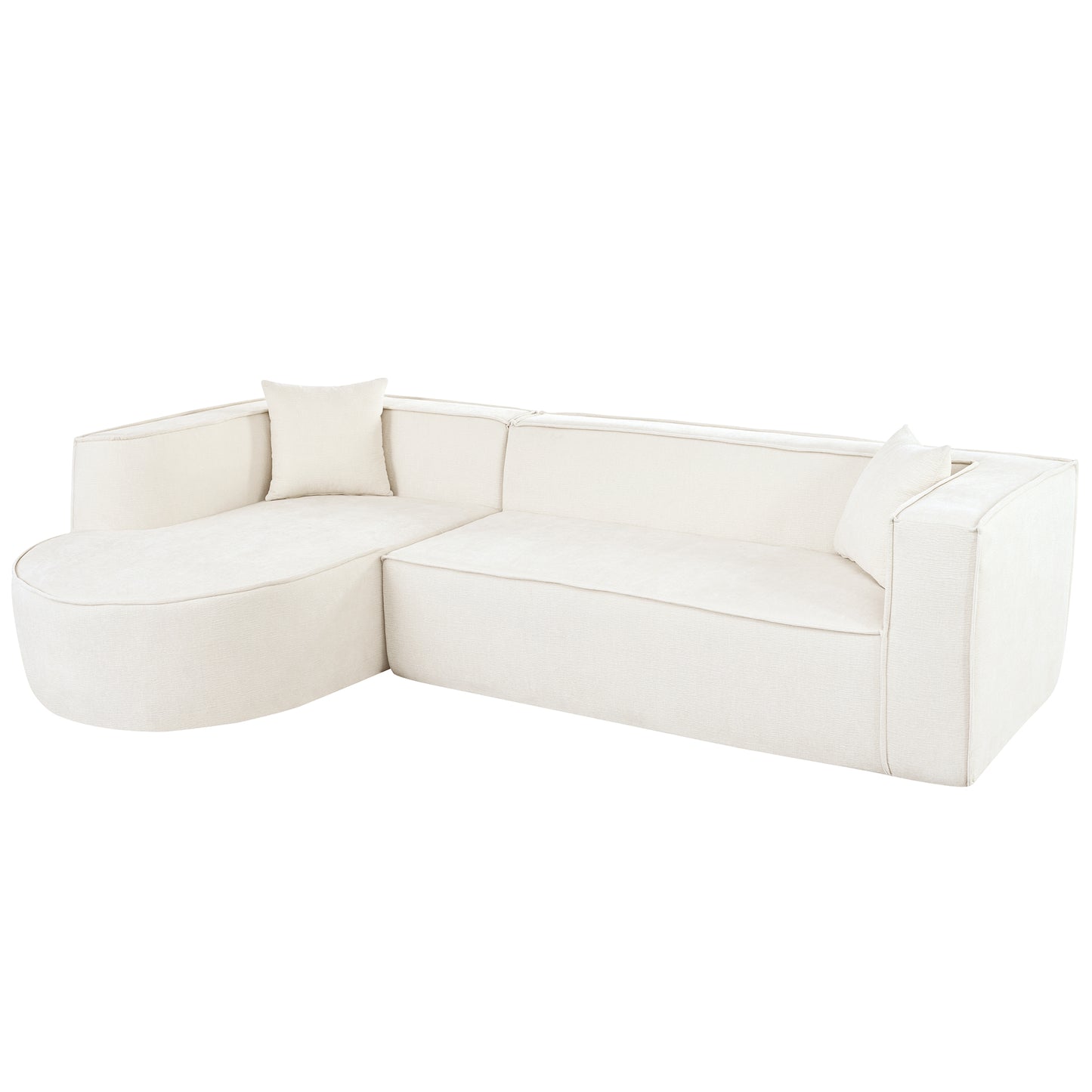 Cream boucle sectional sofa with curved chaise lounge and modern square armrests