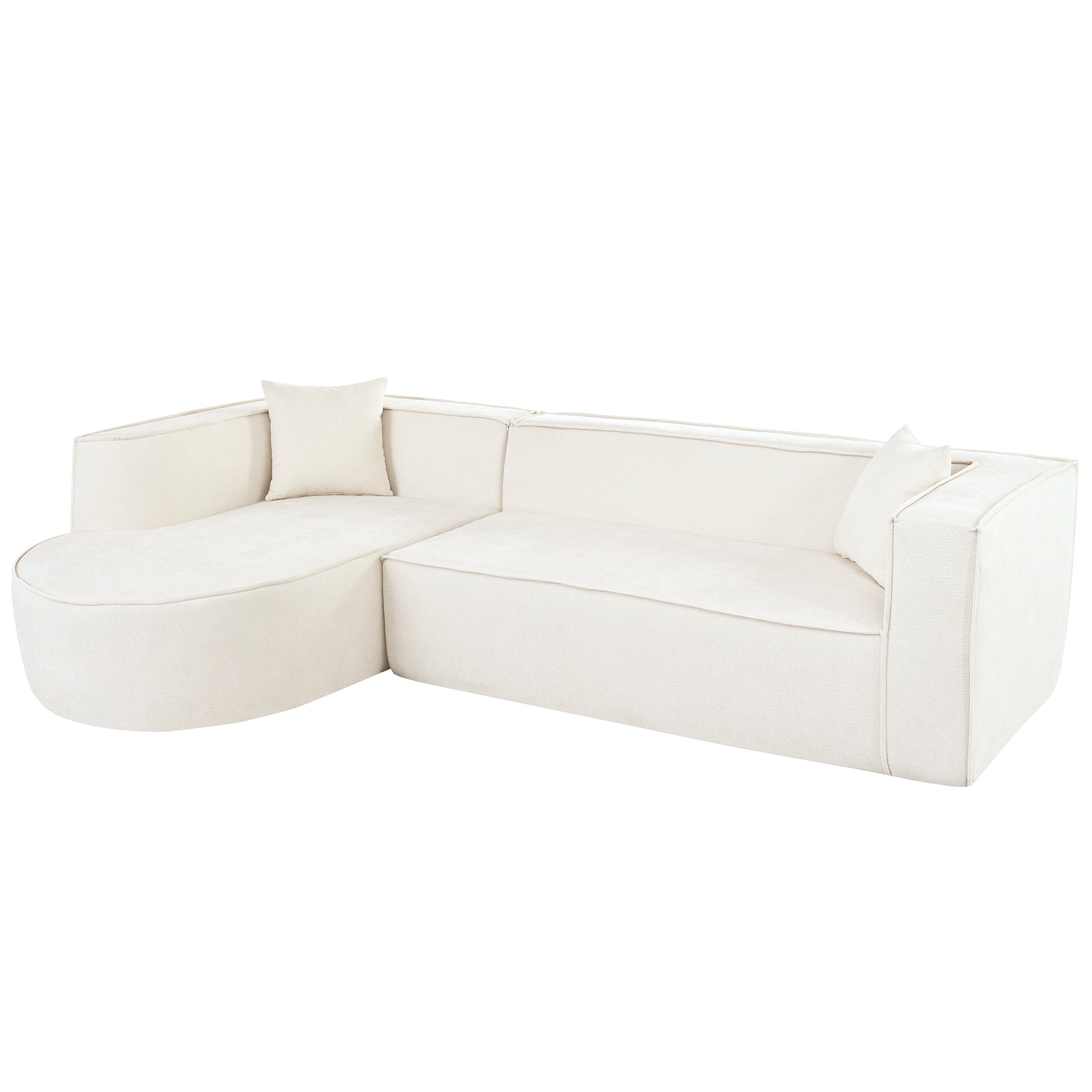 Cream boucle sectional sofa with curved chaise lounge and modern square armrests