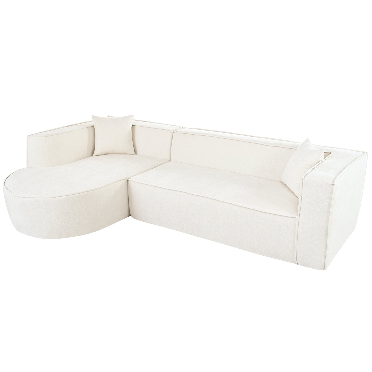 Cream boucle sectional sofa with chaise and throw pillows