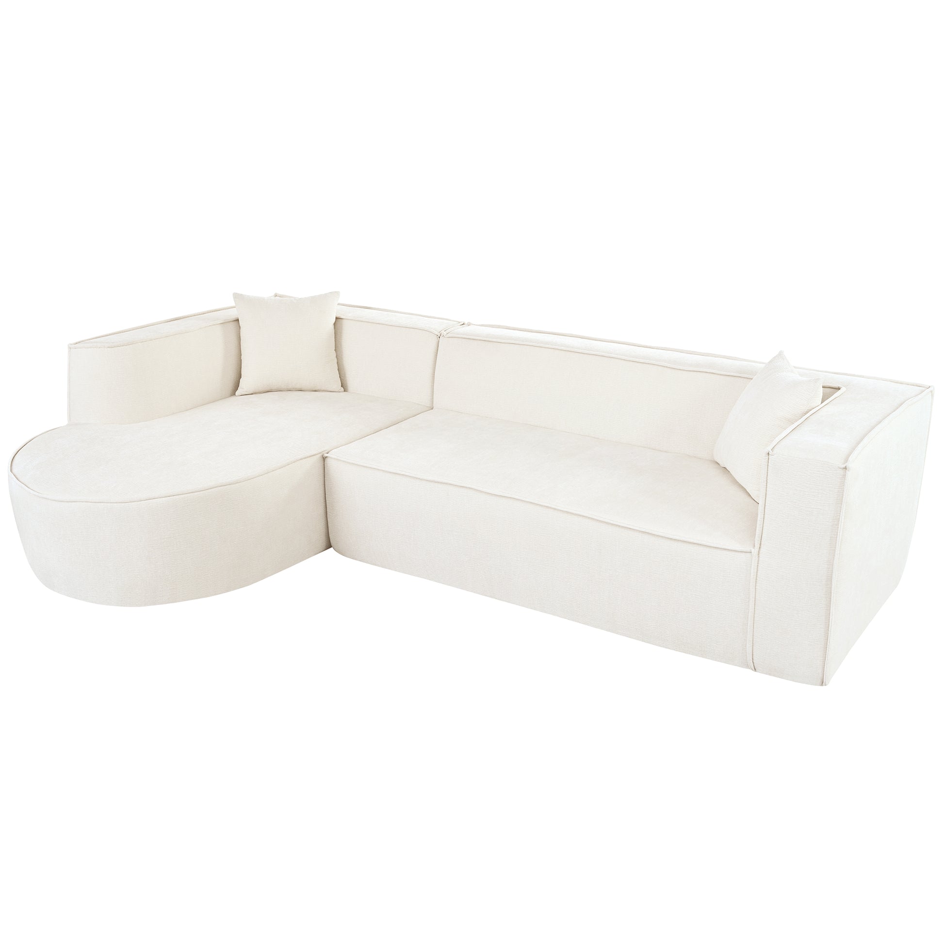 Cream boucle sectional sofa with chaise and throw pillows