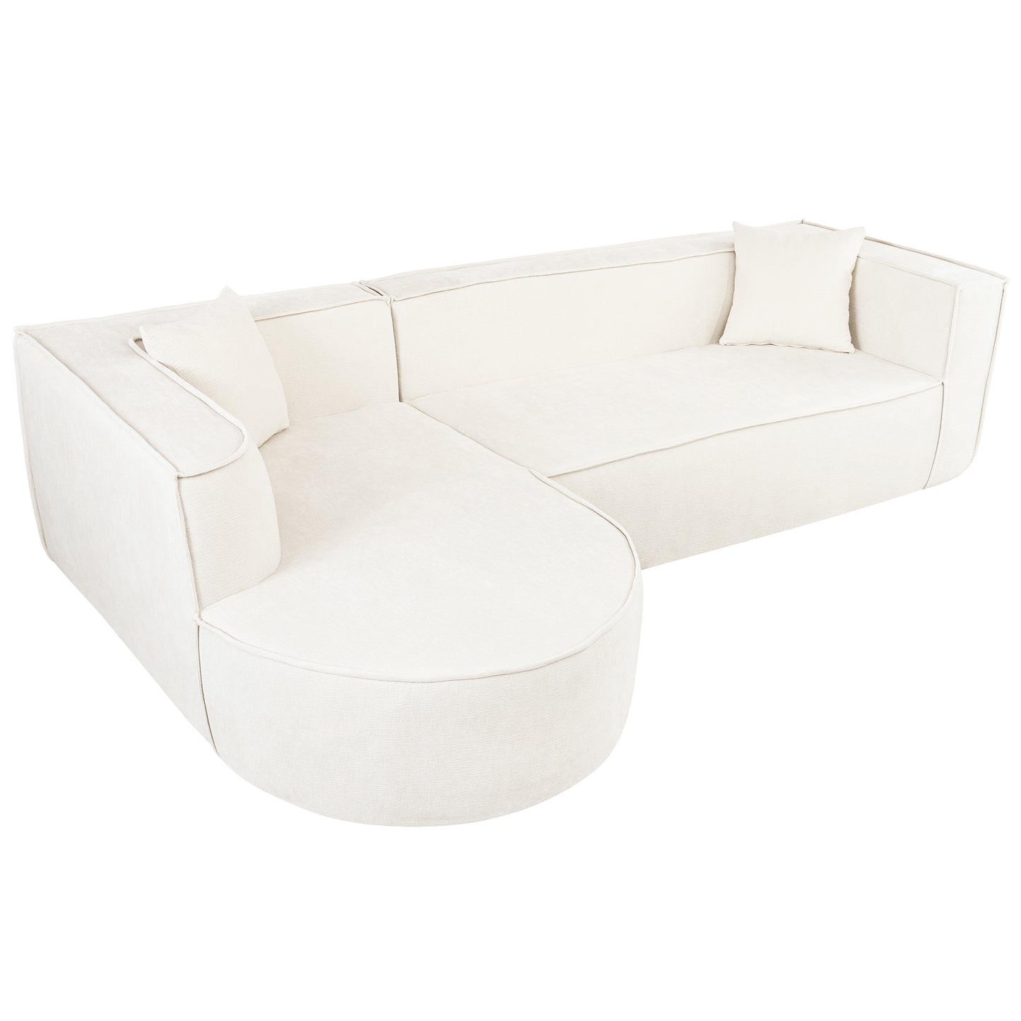 Cream linen fabric sectional sofa with rounded chaise and accent pillows