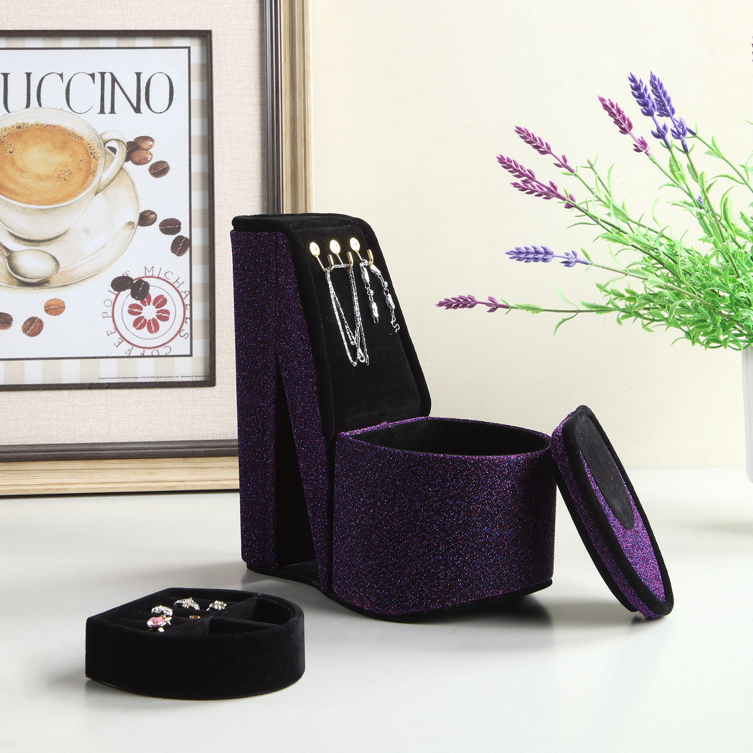 Sparkling purple high heel jewelry box with earring display