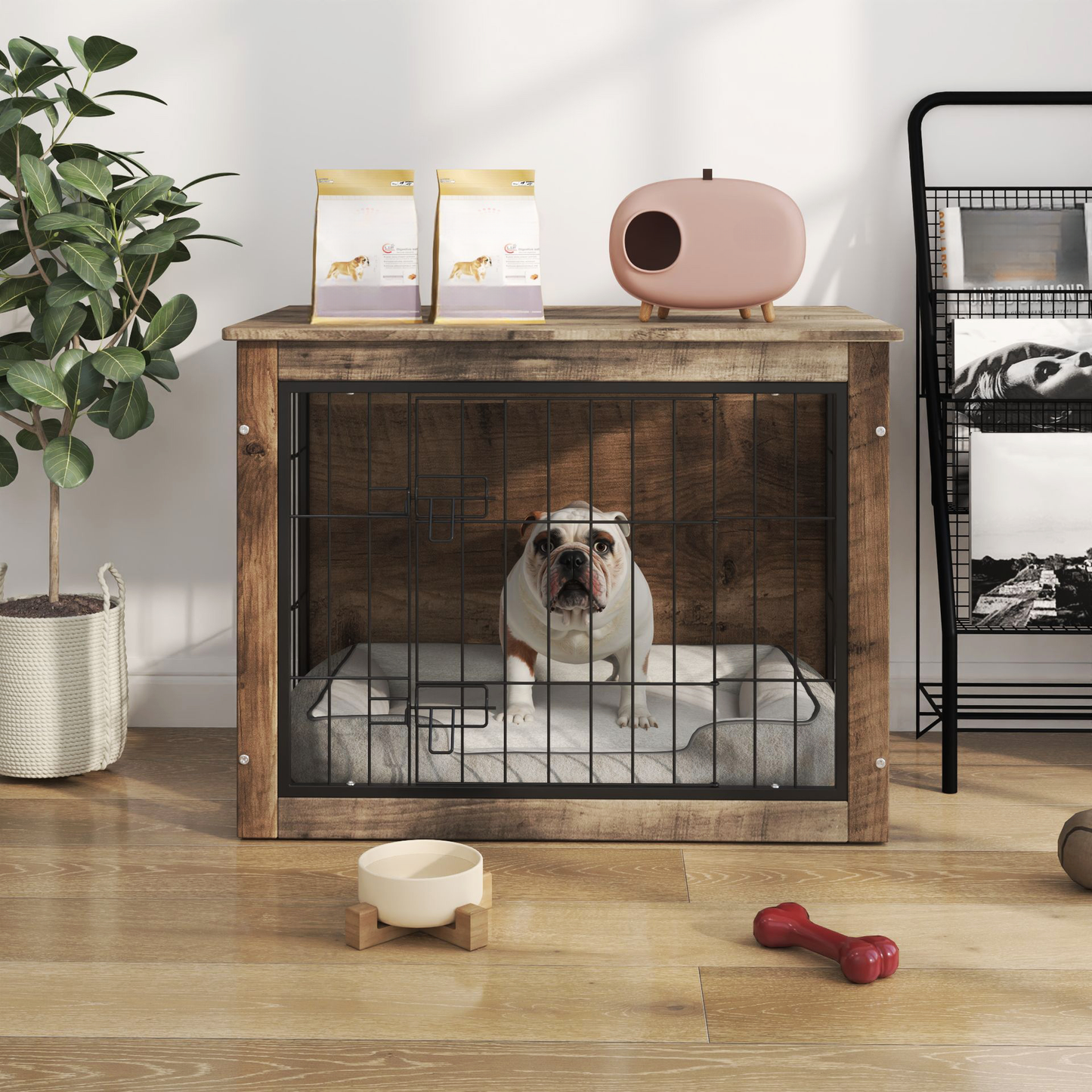 Rustic wood dog crate with wire door and an English Bulldog inside