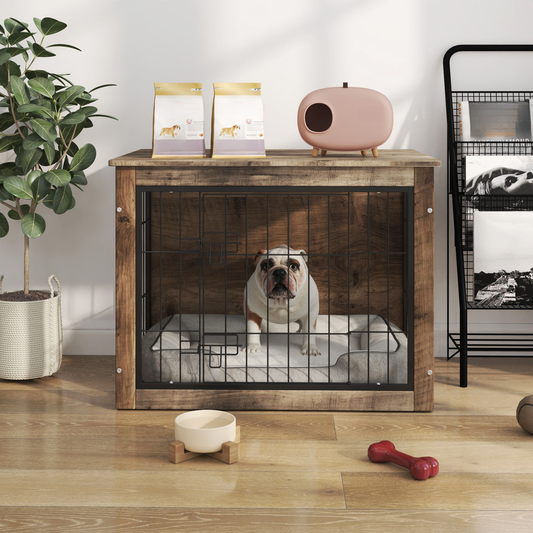 Rustic wood dog crate with wire door and an English Bulldog inside