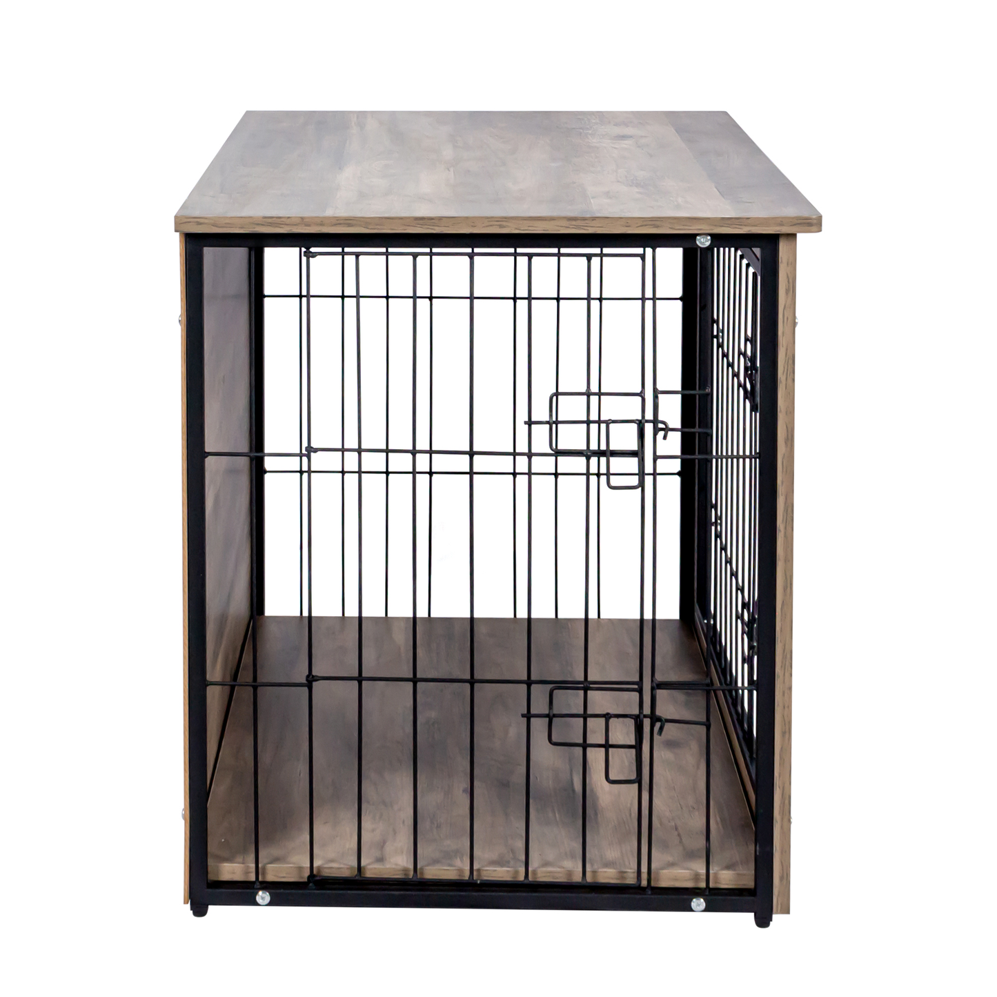 Wooden dog crate end table with black metal bars and latch